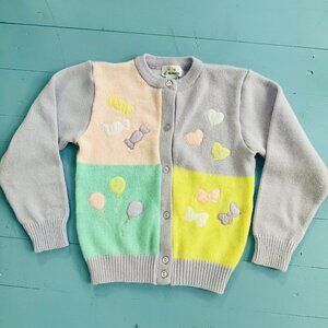 Vintage 80s Cardigan Sweater Pastel Cardigan Hearts Bows Pink Purple Yellow Mint